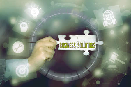 Text caption presenting Business Solutions. Business overview ideas used to help a company achieve...