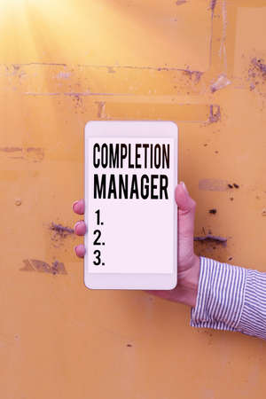 Text showing inspiration Completion Manager. Business concept oversees all aspects of plan management to met goals Voice And Video Calling Capabilities Connecting People Togetherの写真素材