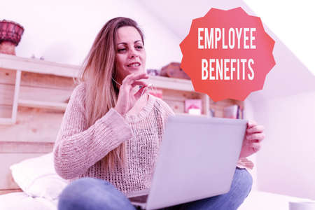 Text caption presenting Employee Benefits. Word for payments made to employees beyond the scope of wages Casual Internet Surfing, Student Researching Online Websitesの写真素材