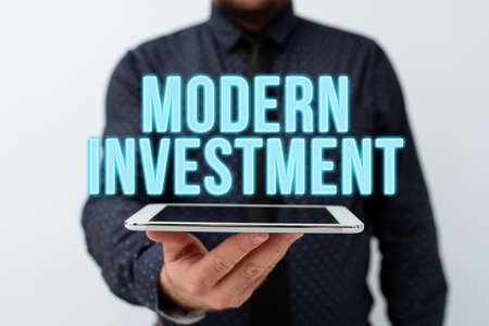 Handwriting text Modern Investment. Business idea powers the investment concept of diversification Presenting New Technology Ideas Discussing Technological Improvementの写真素材
