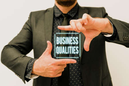 Text sign showing Business Qualities. Business approach meeting the needs and expectations of customers Presenting New Plans And Ideas Demonstrating Planning Processの写真素材