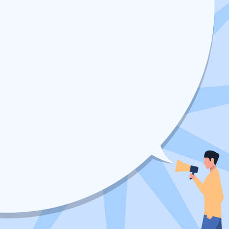 Man Drawing One Hand In Pocket While Holding Megaphone With Large Speech Bubble. Gentleman Design Holds Bullhorn Audio Device Big Conversation Balloon Showing Message.のイラスト素材