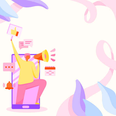 Man Standing Drawing Holding Loud Megaphone Raising Hand With Thumb Sign Mark. Gentleman Stands On Large Phone Holds Bullhorn Device Different Mobile Messaging Symbols.のイラスト素材