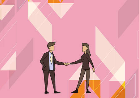 Man And Woman Drawing Standing Facing Towards Each Other Holding Hands. Businesswoman And Businessman Design Hand Hold Looking Forward Showing Agreement.のイラスト素材