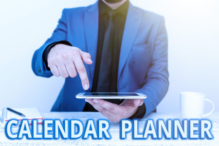 Conceptual caption Calendar Planner. Conceptual photo schedule of activities or task that must be completed Presenting Communication Technology Smartphone Voice And Video Callingの写真素材