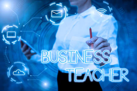 Text showing inspiration Business Teacher. Business overview Educators that train students about business concepts Lady In Uniform Holding Tablet In Hand Virtually Typing Futuristic Tech.の写真素材