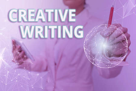 Text showing inspiration Creative Writing. Word for fiction or poetry which displays imagination or invention Woman In Suit Holding Tablet With Circular Holographic Display.の写真素材