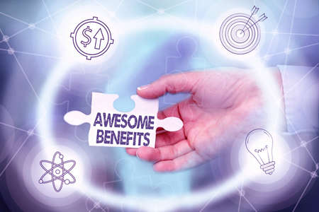 Text showing inspiration Awesome Benefits. Business concept informal an advantage or something extra...