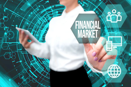 Writing displaying text Financial Market. Word for market in which showing trade financial securities Lady In Uniform Standing Hold Phone Virtual Press Button Futuristic Tech.の写真素材