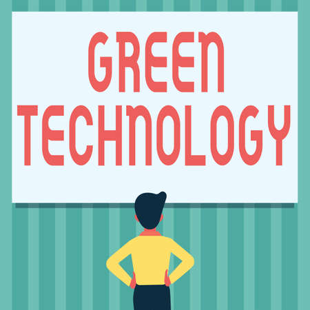 Text showing inspiration Green Technology. Word for reverse the effects of human activity on the environment Man Drawing Standing Hands N Hips Looking At An Empty Whiteboard.の写真素材