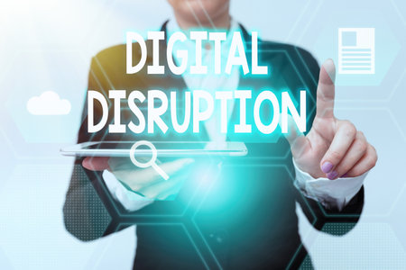 Hand writing sign Digital Disruption, Word Written on transformation caused by emerging digital technologies Woman In Suit Holding Tablet Pointing Finger On Futuristic Virtual Button.の写真素材