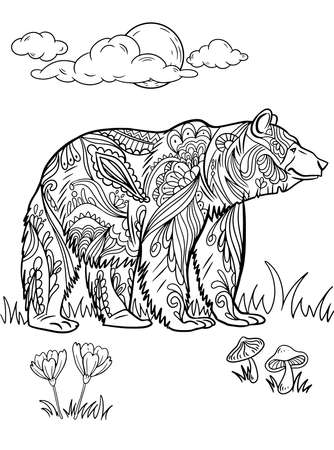 Large Bear Standing Side View On Grass Fields With Flowers Under Full Moon Line Drawing. Big Grizzly Stands On Field At Night Coloring Book Page.のイラスト素材