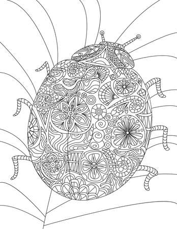 Beautiful Ladybug With Six Legs Resting On Leaf Colorless Line Drawing. Large Lady Beetle Staying On Plant Leaves Coloring Book Page.のイラスト素材