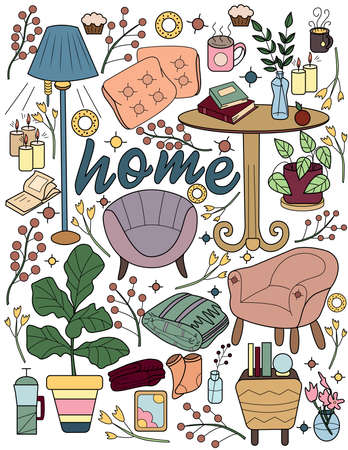 House Furniture Line Drawing Tables Chairs Pillows Stand Lamp Plant Pot Desk. Living Room Furnishing Chairs Coloring Book Page.のイラスト素材