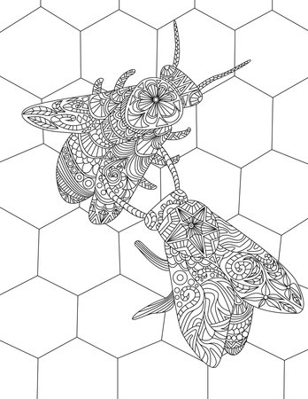 Two Bees On A Beehive Gathering Honey Colorless Line Drawing. Bumblebees Inside A Hive Collecting Food Honeycomb Colorless Line Drawing.のイラスト素材
