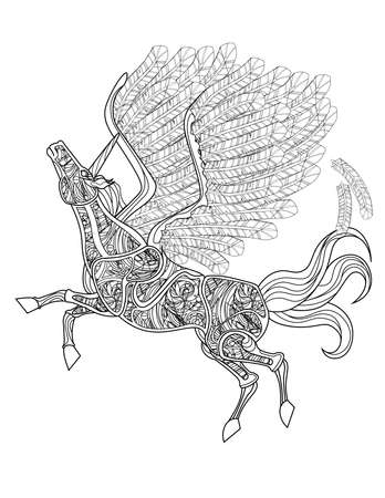Beautiful Unicorn With Opened Wings Flying Colorless Line Drawing. Mythical Horned Pegasus Feathers Flies Coloring Book Page.のイラスト素材