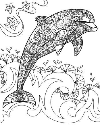 Large Dolphin Jumped Out Of The Ocean Waves Colorless Line Drawing. Huge Orca Jumping From Below The Sea Coloring Book Page.のイラスト素材