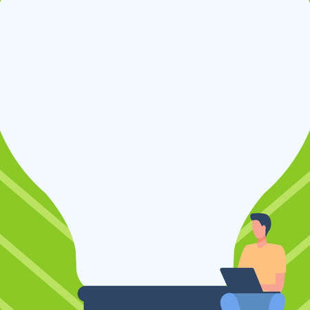 Gentleman Drawing Sitting Using Laptop Beside Large Light Bulb. Businessman Design Sits And Uses Portable Computer In Front Of Huge Lighting Lamp.のイラスト素材