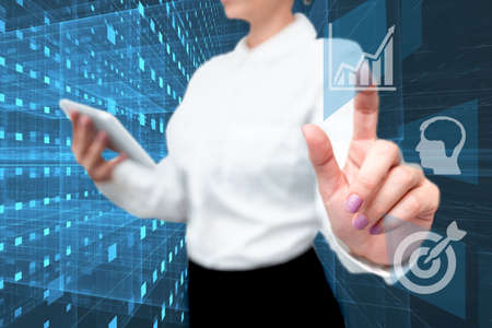 Lady In Uniform Side Standing Holding Tablet In Hand Pressing Virtual Globe Button. Bussiness Woman Carrying Tab Poining For New Futuristic Technologies.の写真素材