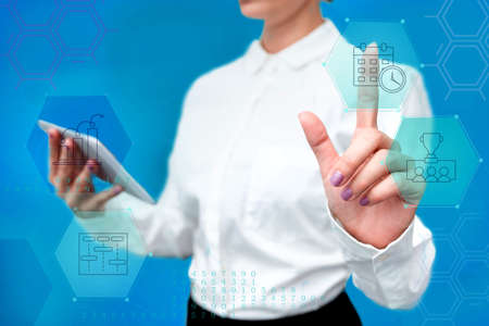 Lady In Uniform Side Standing Holding Tablet In Hand Pressing Virtual Globe Button. Bussiness Woman...