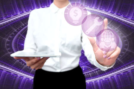 Lady In Uniform Standing Holding Tablet In Hand Pressing Virtual Globe Button. Bussiness Woman...