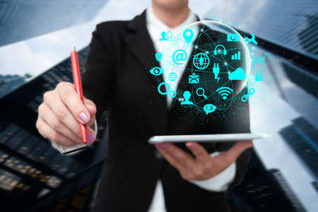 Lady In Uniform Standing Holding Tablet And Virtually Typing With Pen. Business Woman Carrying Pad...