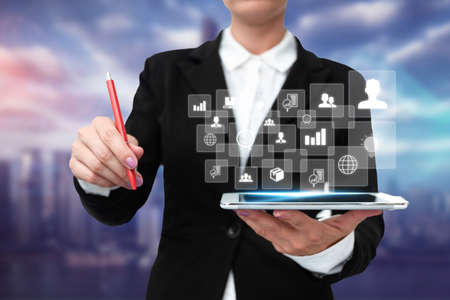 Lady In Uniform Standing Holding Tablet And Virtually Typing With Pen. Business Woman Carrying Pad...