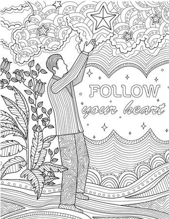 Man In Suit Standing Raising Hand Reaching Stars Beside Plants Line Drawing. Gentleman In Suit With Inspirational Message Saying Follow Your Dreams Coloring Book Page.のイラスト素材