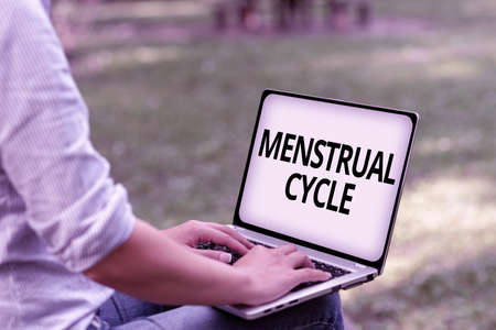 Handwriting text Menstrual Cycle. Business showcase monthly cycle of changes in the ovaries and uterus lining Online Jobs And Working Remotely Connecting People Togetherの写真素材
