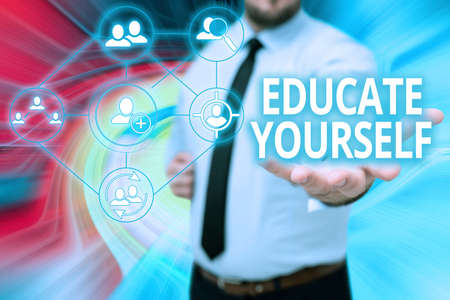 Text showing inspiration Educate Yourself. Business overview To train or prepare oneself in a particular area or subject Gentelman Uniform Standing Holding New Futuristic Technologies.の写真素材