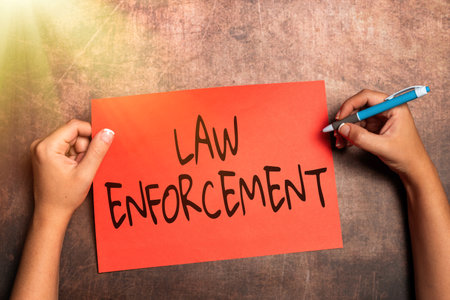 Writing displaying text Law Enforcement. Business overview activity of making certain that the laws of an area are obey Writing Important Notes Brainstorming New Design And Inspirationの写真素材