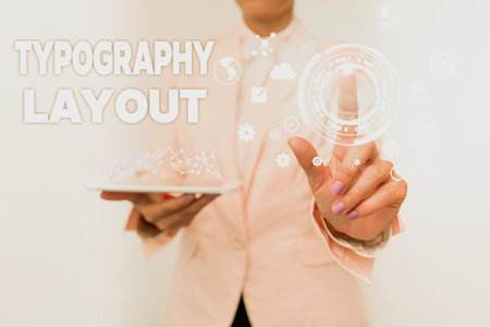 Inspiration showing sign Typography Layout. Business idea theory and practice of letter and typeface design Business Woman Touching Digital Data On Holographic Screen Interface.の写真素材
