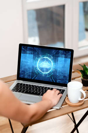 Hand Busy Typing On Laptop Beside Coffe Mug And Plant Accomplishing Work From Home. Arm Encoding...