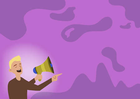 Illustration Of A Man Pointing Away Holding Megaphone Making New Announcement. Gentleman Drawing Spotting To Other Side Using Bullhorn Presenting Loudly Recent Advertisement.のイラスト素材