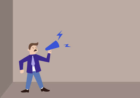 Man Drawing Standing Firmly Shouting Over Megaphone Presenting New Announcement. Business Man Line Drawing Talking On Bullhorn Showing Late Advertisment.のイラスト素材