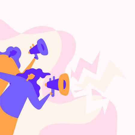 Women Drawing Holding Their Megaphones Loudly Making New Announcement To The Public. Girls Line Drawing Using Bullhorn Promoting Late Advertisements.のイラスト素材