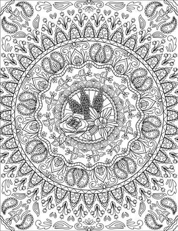 Flock Of Birds Pattern Drawing Flying Around Beautiful Flowers And Vines Surrounded By Roses. Group Of Ducks Line Drawing Floating Around Pretty Plants Enclosed With Lilys.のイラスト素材
