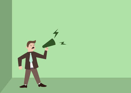 Man Drawing Standing Firmly Shouting Over Megaphone Presenting New Announcement. Business Man Line Drawing Talking On Bullhorn Showing Late Advertisment.のイラスト素材