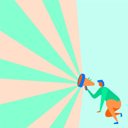 Illustration Of A Businessman Kneeling Using Megaphone In One Hand Making Wonderful New Announcement. A Man Sitting Drawing Producing Brilliant Late Advertisement.のイラスト素材