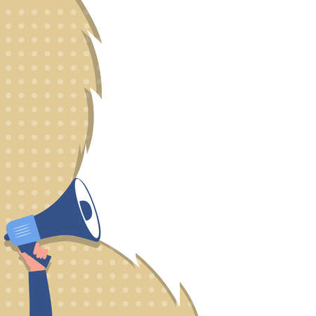 Hand Holding A Megaphones Drawing Making Loud New Announcement To The Public. Palm Gripping An Electronic Bullhorn Producing Powerful Late Advertisement.のイラスト素材