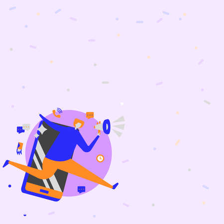 Man Drawing Holding Megaphone Running With Mobile Phone Making Comments And Reaction. Gentleman Line Drawing Using Bullhorn Rushing Along Cellphone Promoting Reviews.のイラスト素材