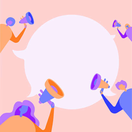 Group Of People Drawing Holding Their Megaphones Talking And Sharing Idea With Each Other To Chat Cloud. Mob Line Drawing Making New Announcement At One Another.のイラスト素材