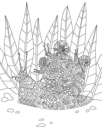 Illustration Of Dedicated Mother Snail Carrying Her Little Babies On Thier Home From Forest. Hardworking Parent Slug Line Drawing Bringing Young One To A House.のイラスト素材