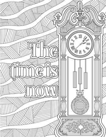 Beautiful Antique Clock Drawing Positioned Stationary Beside Insparational Message. Old Style Wallclock Line Drawing Stationed Steady Close To Positive Vibe Note.のイラスト素材