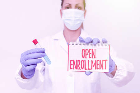 Text sign showing Open Enrollment. Business showcase policy of allowing qualifying students to enroll in school Studying Newly Discovered Medication Analyzing Medicine Discoveryの写真素材