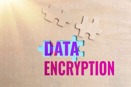 Conceptual caption Data Encryption. Internet Concept Conversion of data into code for compression or security Building An Unfinished White Jigsaw Pattern Puzzle With Missing Last Pieceの写真素材
