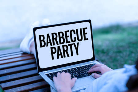 Text sign showing Barbecue Party. Business overview outdoor party where food is cooked on a grill or over a fire Voice And Video Calling Capabilities Connecting People Togetherの写真素材