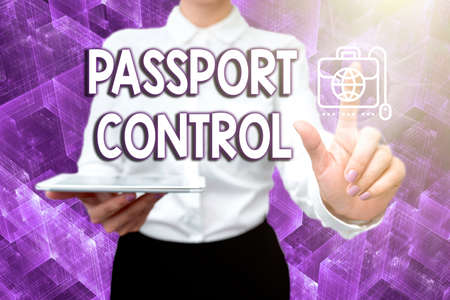 Conceptual caption Passport Control. Conceptual photo the area in an airport where passports are checked Lady In Uniform Holding Phone Virtual Press Button Futuristic Technology.の写真素材