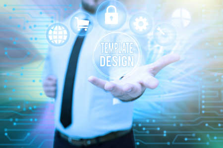 Conceptual caption Template Design. Business approach an overall layout or blueprint with a format to be used Gentelman Uniform Standing Holding New Futuristic Technologies.の写真素材