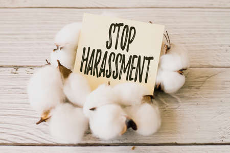 Text sign showing Stop Harassment. Concept meaning Prevent the aggressive pressure or intimidation to others Blank Piece Of Sticky Note Placed On Top Of Table With Cotton Plant.の写真素材